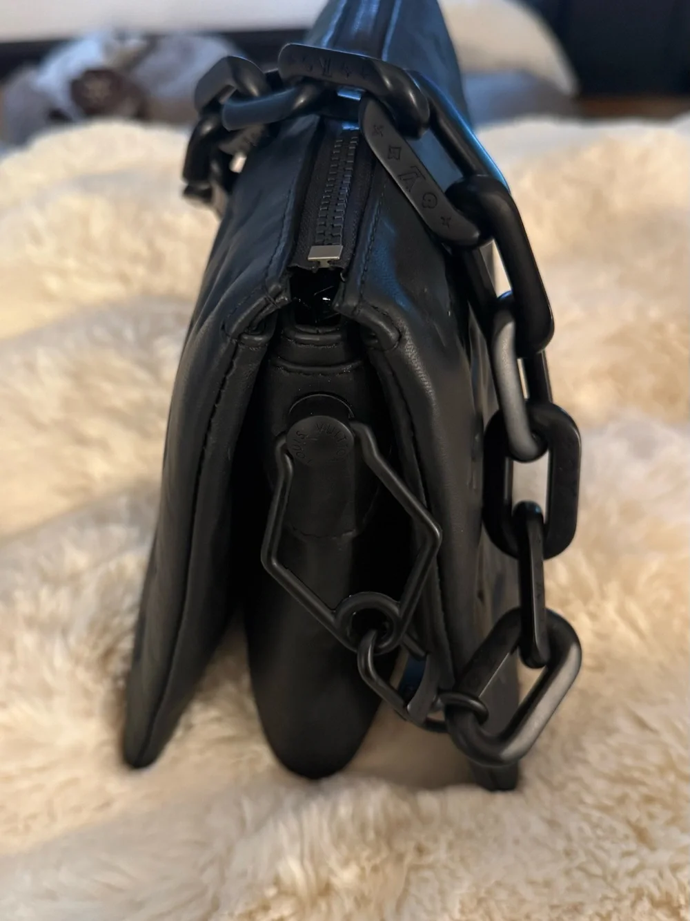 New Flawless Matte Black LV Monogram Coussin PM Bag w/ monochromatic Chain